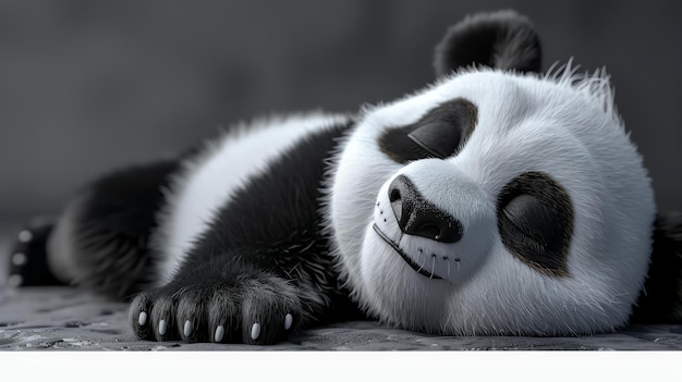 Ein niedlicher Panda schläft auf dem Boden. Der Panda ist schwarz-weiß mit einem runden Gesicht und flauschigen Ohren.
