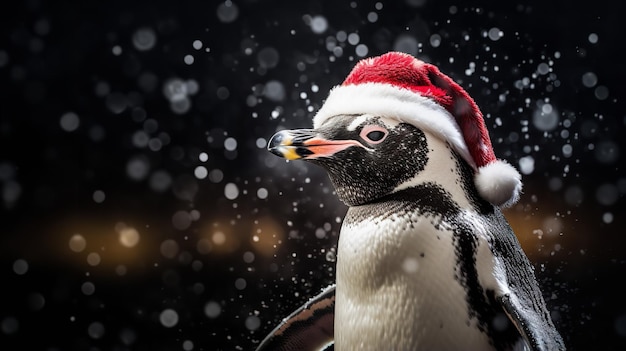 Foto ein niedlicher pinguin unter schneefall trägt einen roten weihnachtsmannhut generative ki