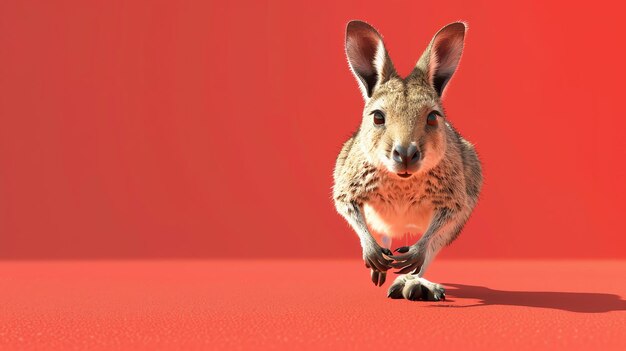 Foto ein niedlicher und kuscheliger känguru steht auf einem roten hintergrund und schaut mit seinen großen runden augen in die kamera.