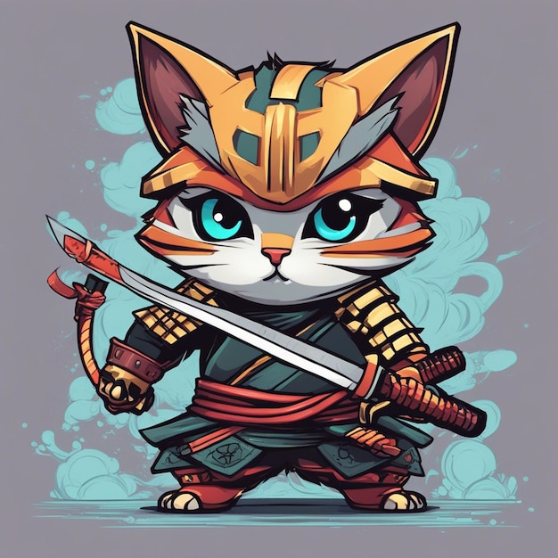 Ein niedliches Katzen-Samural-Krieger-Ninja-Katze-T-Shirt-Design mit Schwert
