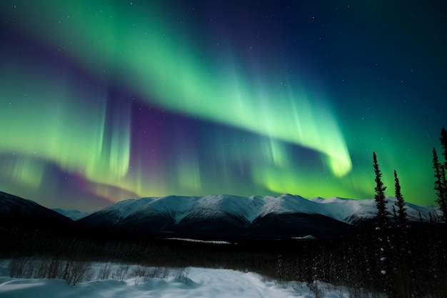 Ein Nordlicht-Display über einer verschneiten Berglandschaft.