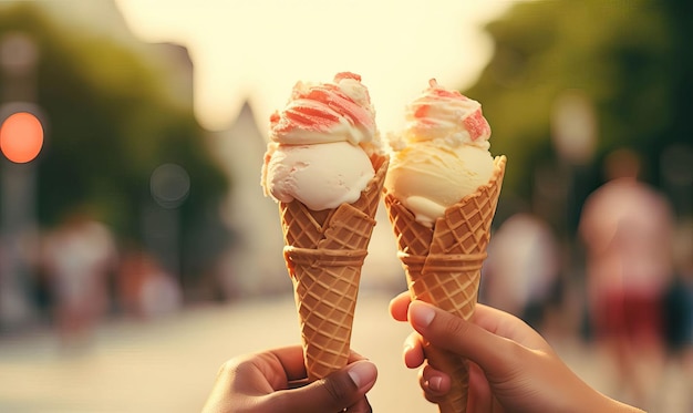 Ein nostalgisches Bild, das Erinnerungen an Freunde hervorruft, die an warmen Sommertagen Eiscreme teilen.