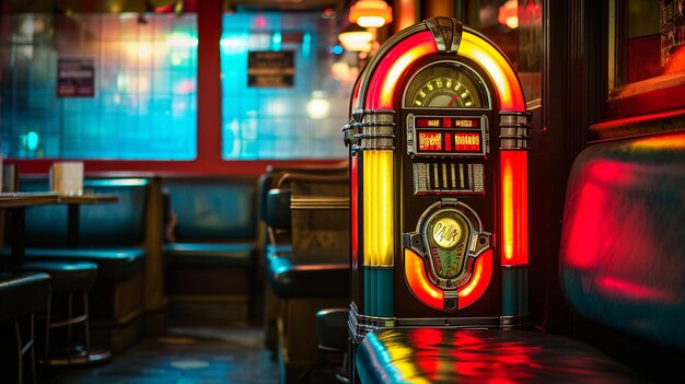 Ein nostalgisches Bild einer Retro-Jukebox in einem schwach beleuchteten Diner