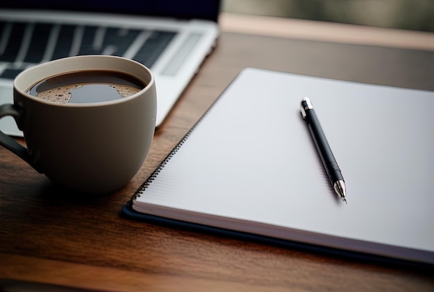 Ein Notizblock aus nächster Nähe neben einem Laptop und Kaffee