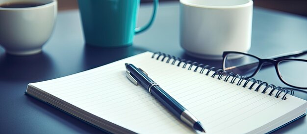 Ein Notizbuch mit einem Stift darauf und eine Tasse Kaffee auf dem Tisch.