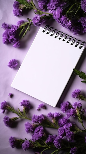 Ein Notizbuch mit einer Seite darauf und Blumen auf violettem Hintergrund