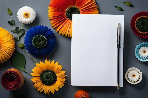 Ein Notizbuch mit Stift und Blumen auf grauem Hintergrund.