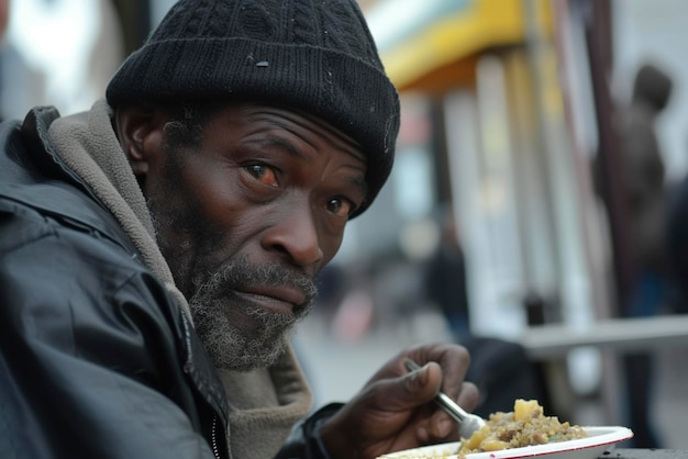 Ein obdachloser afroamerikanischer Mann isst in einer Straßenkantine für Arme