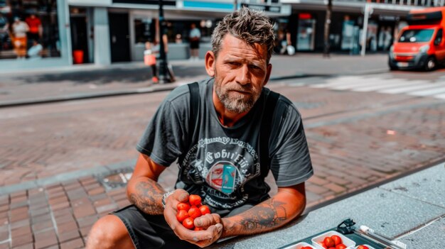 ein Obdachloser isst eine Tomate in Amsterdam, Niederlande