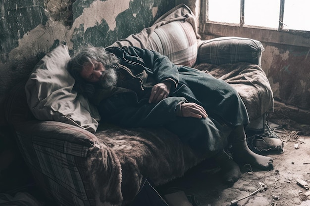 Ein Obdachloser schläft auf einem schmutzigen Sofa in einem verlassenen Gebäude