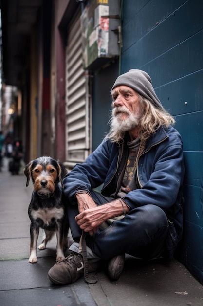 Ein Obdachloser sitzt mit seinem Hund in einer Gasse