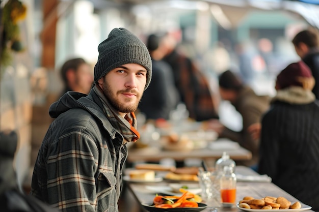 Ein obdachloser weißer Mann, der an einem Tisch in einer Straßenrestauranthalle steht und von anderen Personen umgeben ist