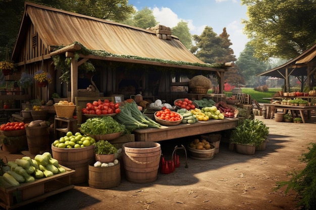 Ein Obst- und Gemüsemarkt mitten auf einem Feld.