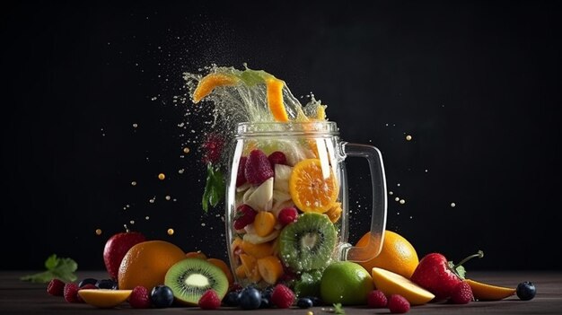 Ein Obstglas ist mit Früchten gefüllt und enthält einen Spritzer Flüssigkeit.