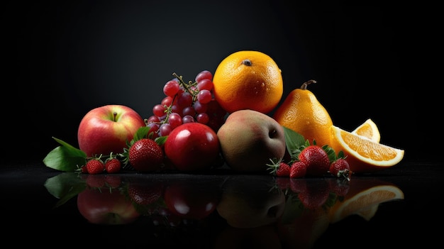 Ein Obsthaufen mit Früchten auf schwarzem Hintergrund