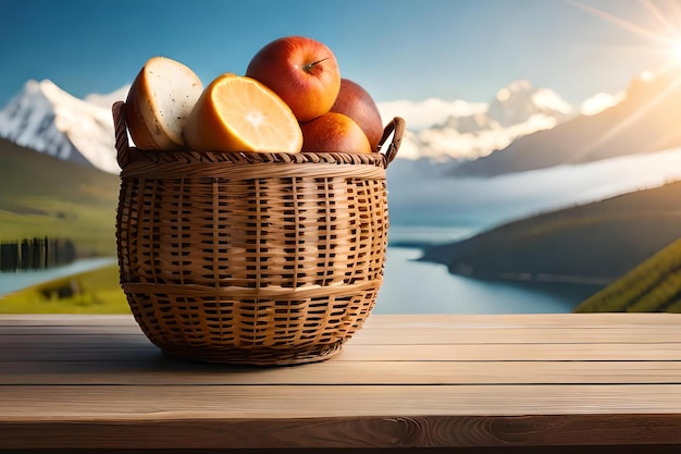 Ein Obstkorb auf einem Tisch mit einem Berg im Hintergrund