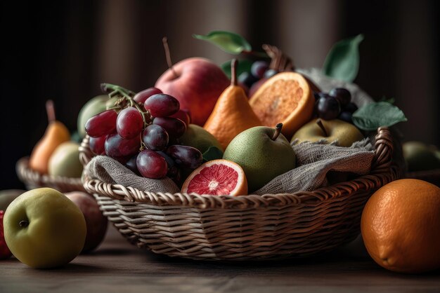 Ein Obstkorb mit einem Bündel Orangen und Weintrauben