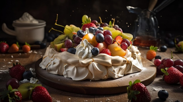 Ein Obstkuchen mit einer weißen Creme und Erdbeeren darauf