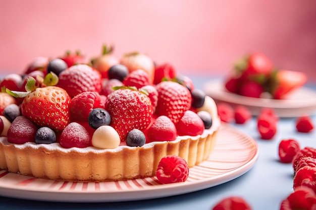 Ein Obstkuchen mit rosa Hintergrund