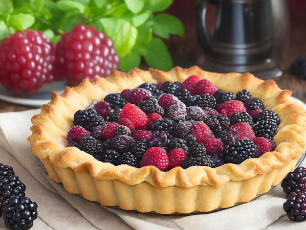 Ein Obstkuchen mit Schwarzbeeren im Hintergrund ai erzeugt