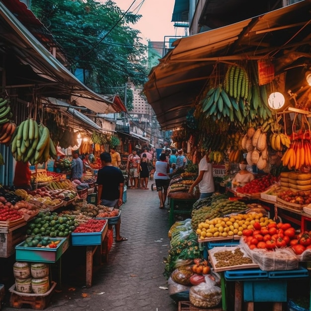 ein Obstmarkt mit einem Schild mit der Aufschrift „Banane“.