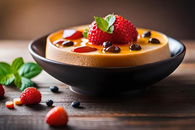 Ein Obstsalat mit Beeren und einer Erdbeere auf einem Holztisch.