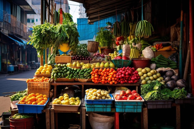 ein Obststand mit einem Korb voller Gemüse und Obst darauf