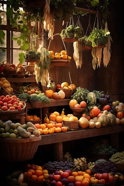 ein Obststand mit einem Korb voller Gemüse und Obst