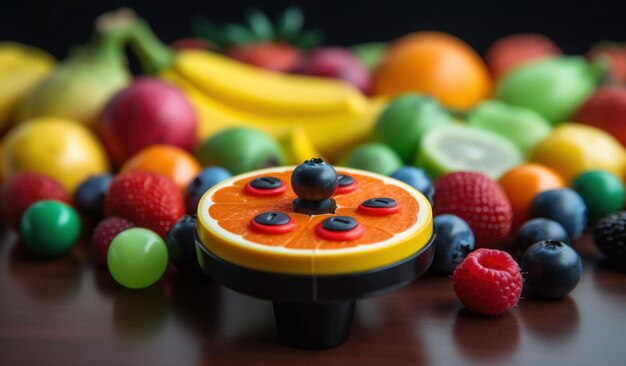 Ein Obststand mit Obsthintergrund und einer Banane im Hintergrund.