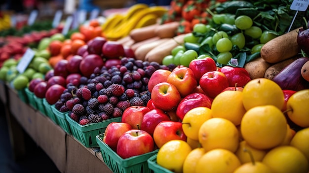 Ein Obststand mit verschiedenen Früchten darauf