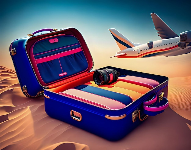 Ein offener Koffer mit einer Kamera darauf steht vor einem Flugzeug.