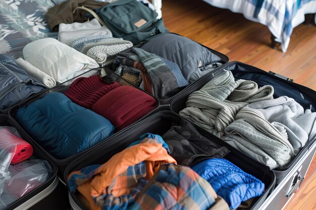 Ein offener Koffer mit warmer Kleidung für Reisen in kühleren Klimazonen