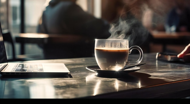 Ein offener Laptop mit einem daneben sitzenden Mann und einer Tasse Kaffee