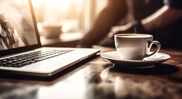 Ein offener Laptop mit einem daneben sitzenden Mann und einer Tasse Kaffee