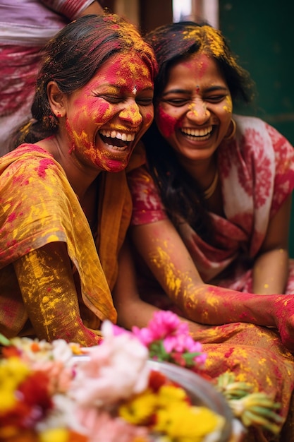 ein offener moment von indischen freunden lachen und schmieren farbe auf einander gesichter