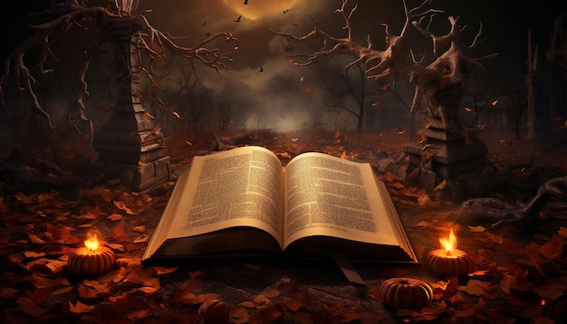 Ein offenes Buch enthält eine Szene mit dem Bild eines Halloween-Grabes