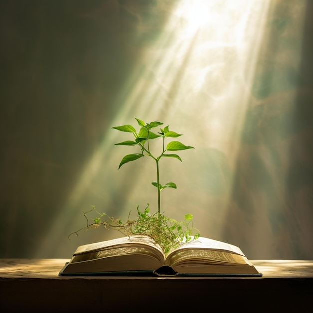 Ein offenes Buch mit einer kleinen Pflanze, die aus der Seite wächst