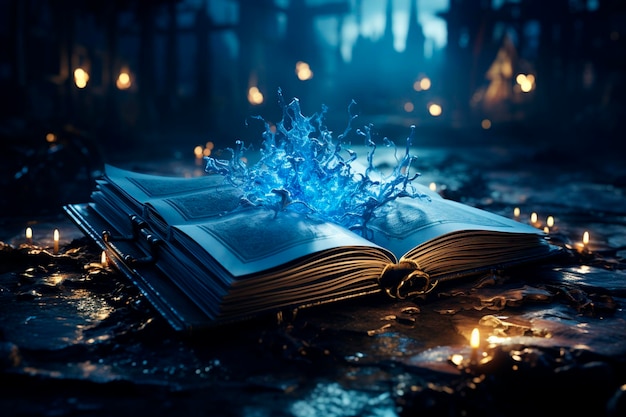 Ein offenes Buch mit leuchtenden Glühbirnen und fliegenden Funken in der Dunkelheit