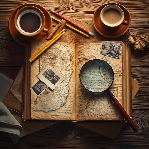 Foto ein offenes buch mit vergrößerungsglas, bleistiften und zwei tassen kaffee auf einem holztisch