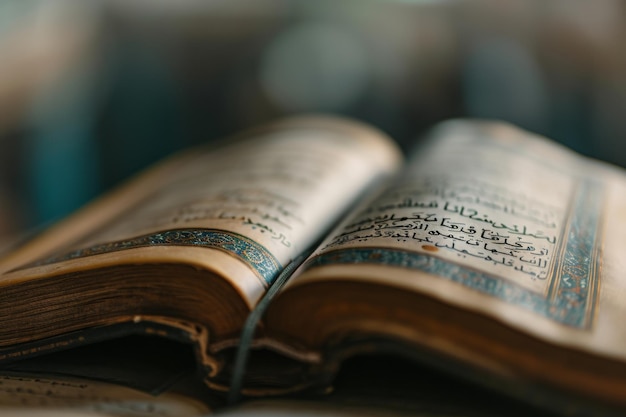 Ein offenes Buch sitzt auf einem Tisch und zeigt seine Seiten und die Tabellenoberfläche ein offenes Buch mit dem Wort Islam geschrieben in eleganter Schrift, das Wissen und Weisheit bedeutet KI generiert
