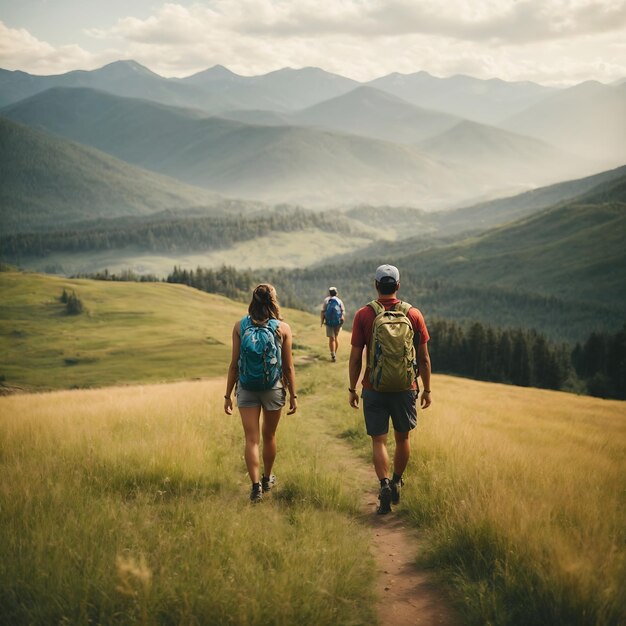 ein offenes Foto von einer Familie und Freunden, die zusammen in den Bergen wandern