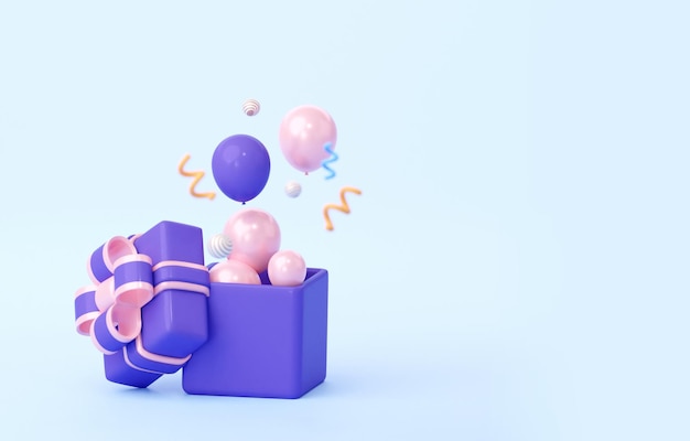 Ein offenes Geschenk mit Luftballons und Konfetti 3D-Rendering-Illustration Das Konzept einer Weihnachtskarte