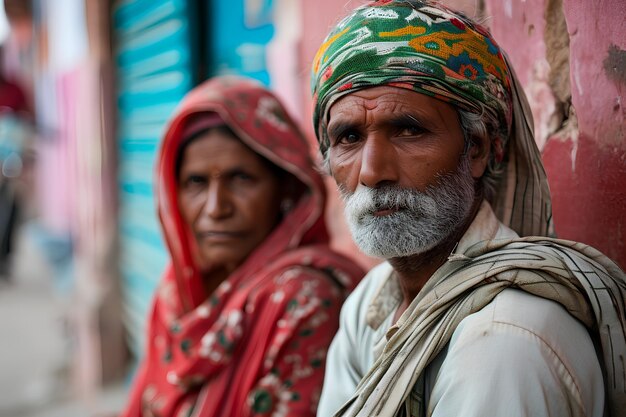 Ein offenes Straßenporträt zeigt unbekannte Personen in Indien