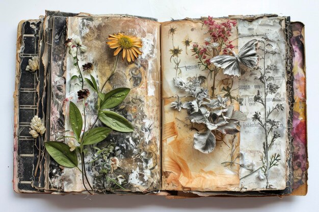 Ein offenes Tagebuch, das Mixed-Media-Stücke, abstrahierte botanische Illustrationen und Bildstoffe in Erdtönen für eine kreative und chaotische künstlerische Reise enthüllt