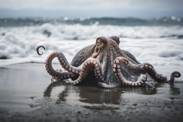 Ein Oktopus am Strand mit dem Meer im Hintergrund