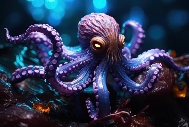 ein Oktopus mit blauen Augen und spitzem Schwanz im Stil von leuchtenden 3D-Objekten