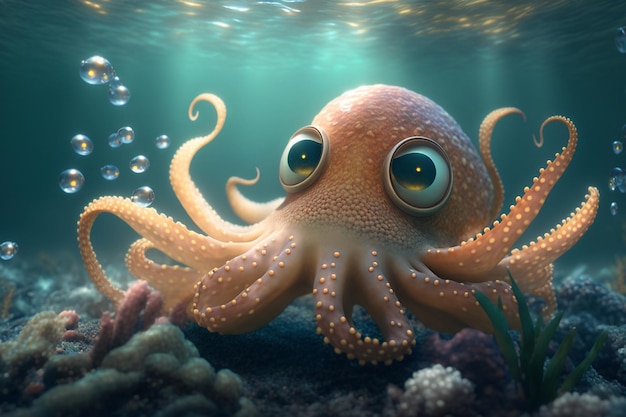 Ein Oktopus mit großen Augen schwimmt im Ozean.