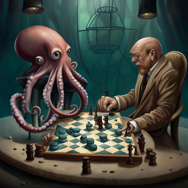 Ein Oktopus-Monster spielt Schach gegen einen alten Mann.