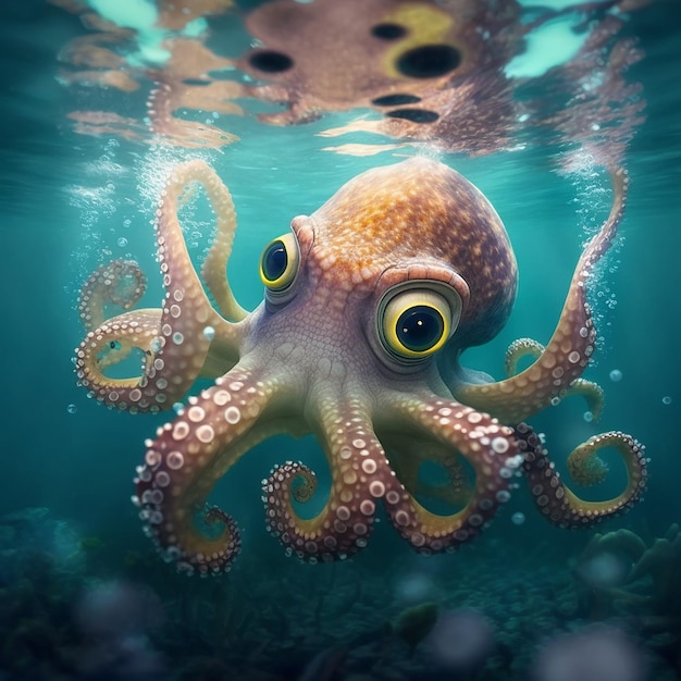 Ein Oktopus schwimmt im Ozean neben einem Korallenriff