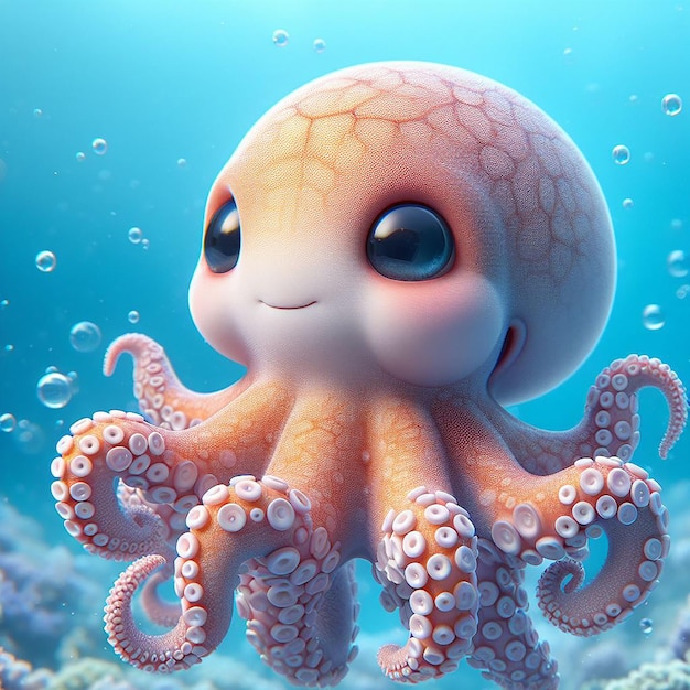 Ein Oktopus schwimmt unter Wasser im Meer. Großer Kopf und dicke Tentakeln erzeugen blaues Wasser.